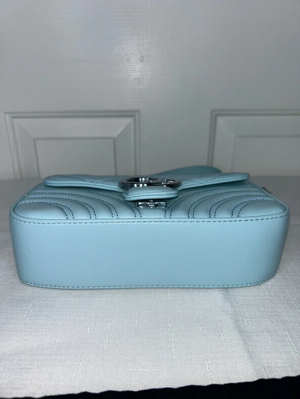 Light Blue Chevron Quilted Shoulder Bag with Silver Hardware and Dust Bag - Picture 5 of 13